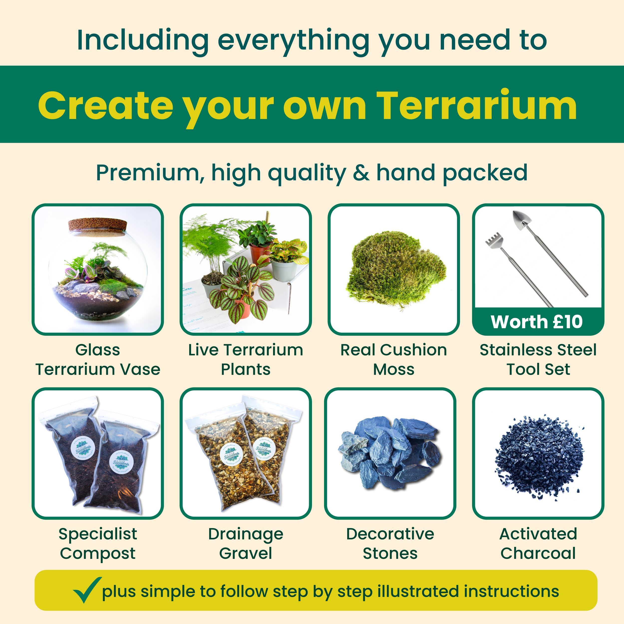 terrarium kit content with free tools