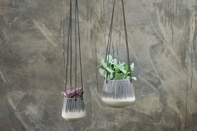 Indoor hanging planters with cord tie
