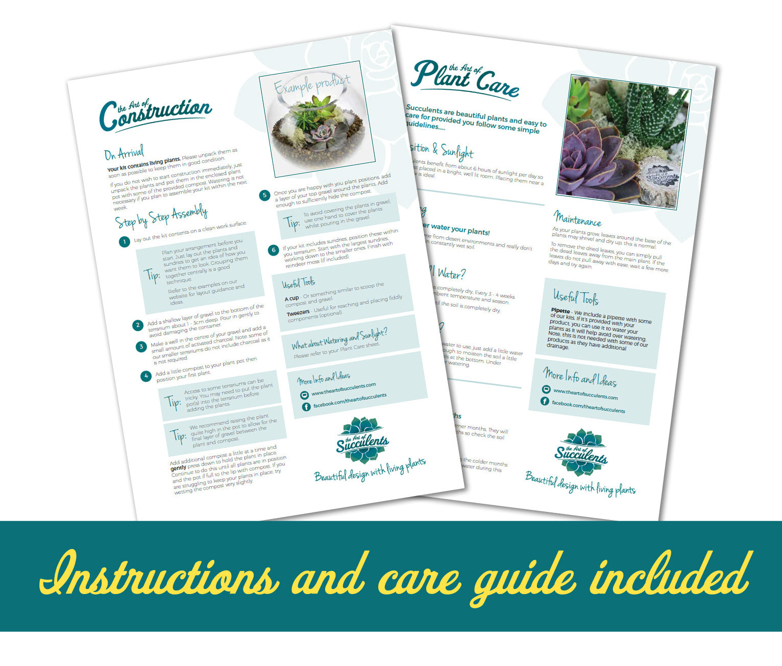 Instructions and care guide for succulent and cacti terrariums